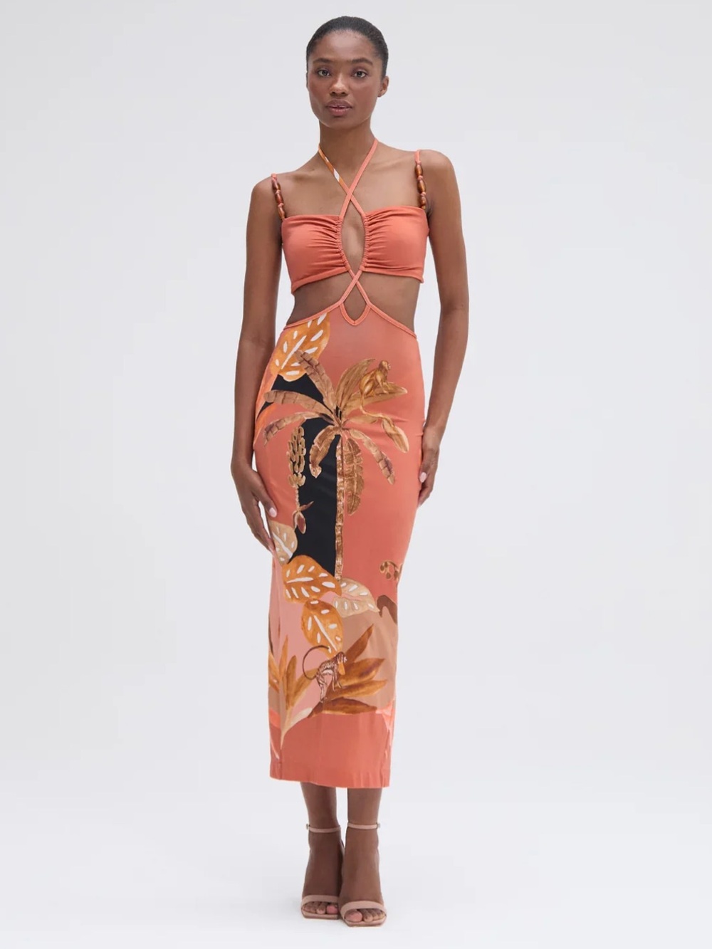 PatBO Coral Palm-Print Cutout Midi Skirt